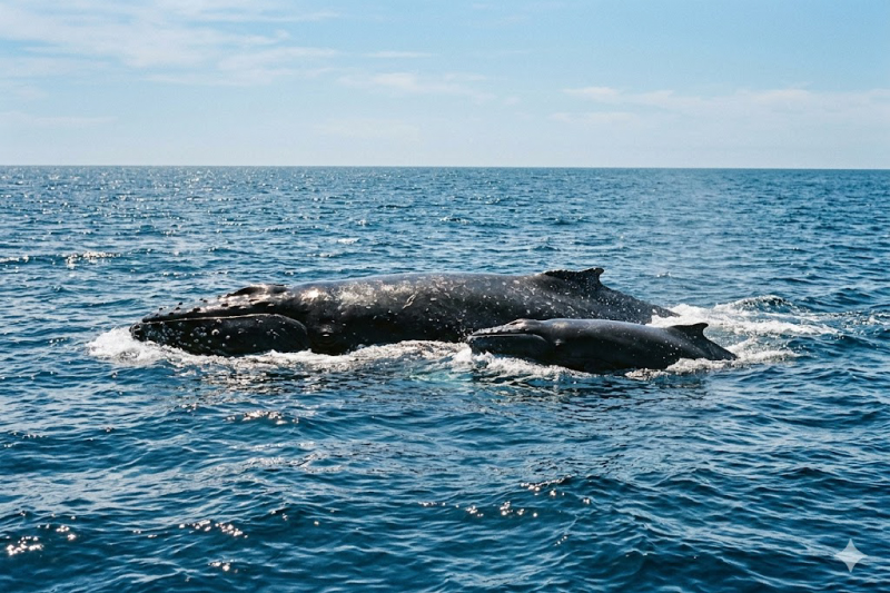 クジラの親子が並んで泳いでいる様子